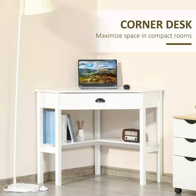 Corner Desk, Triangle Computer Desk with Drawer and Storage Shelves for Small Spaces, Home Office Workstation for Living Room, or Bedroom