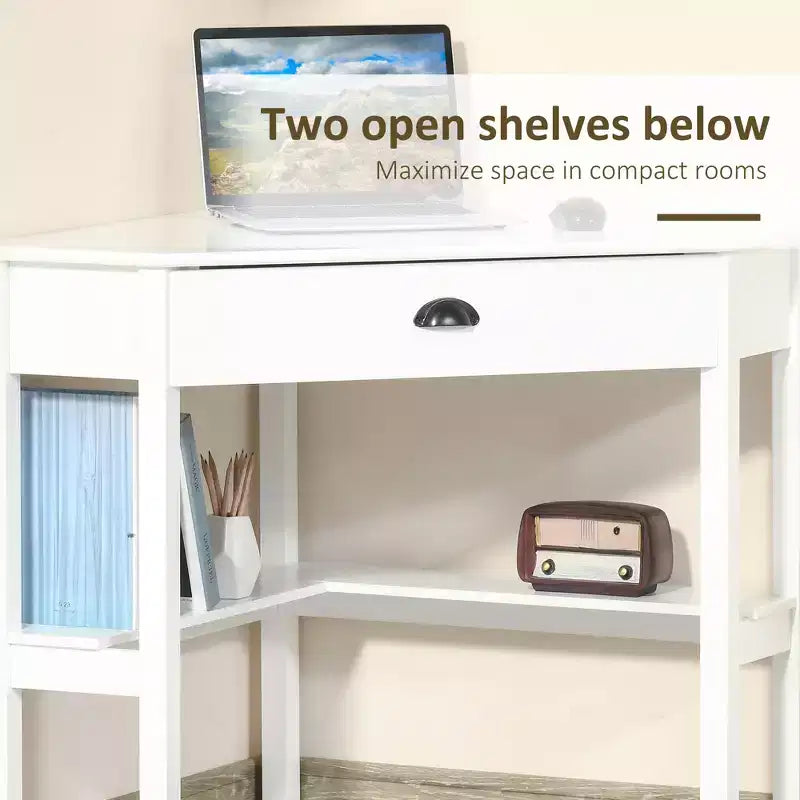Corner Desk, Triangle Computer Desk with Drawer and Storage Shelves for Small Spaces, Home Office Workstation for Living Room, or Bedroom