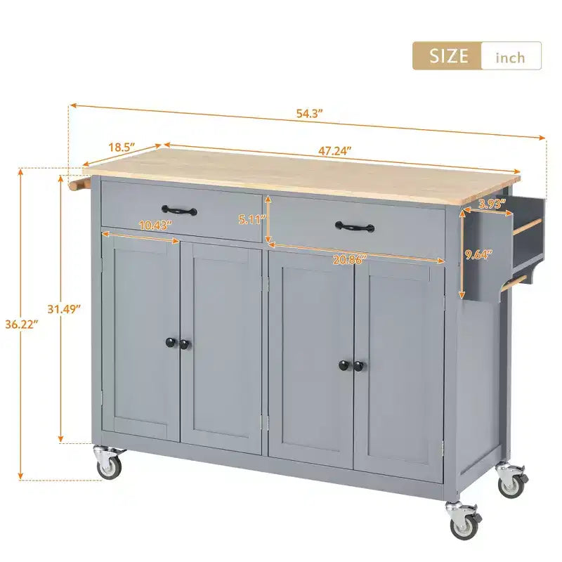 PexFix 54.3 Inch Kitchen Island Cart with Solid Wood Top and Locking Wheels 4 Door Cabinet and Two Drawers & Spice Rack & Towel Rack Blue