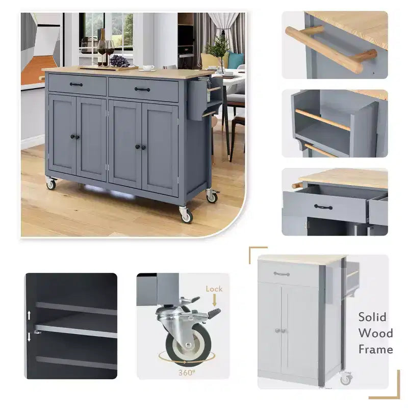 PexFix 54.3 Inch Kitchen Island Cart with Solid Wood Top and Locking Wheels 4 Door Cabinet and Two Drawers & Spice Rack & Towel Rack Blue