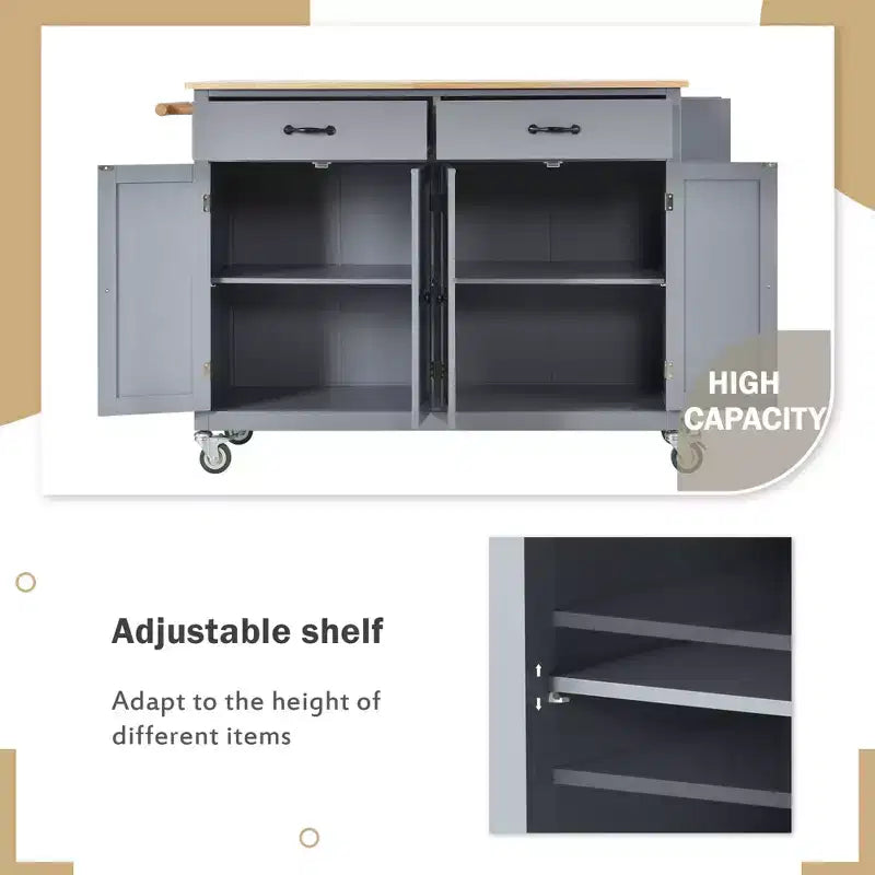 PexFix 54.3 Inch Kitchen Island Cart with Solid Wood Top and Locking Wheels 4 Door Cabinet and Two Drawers & Spice Rack & Towel Rack Blue