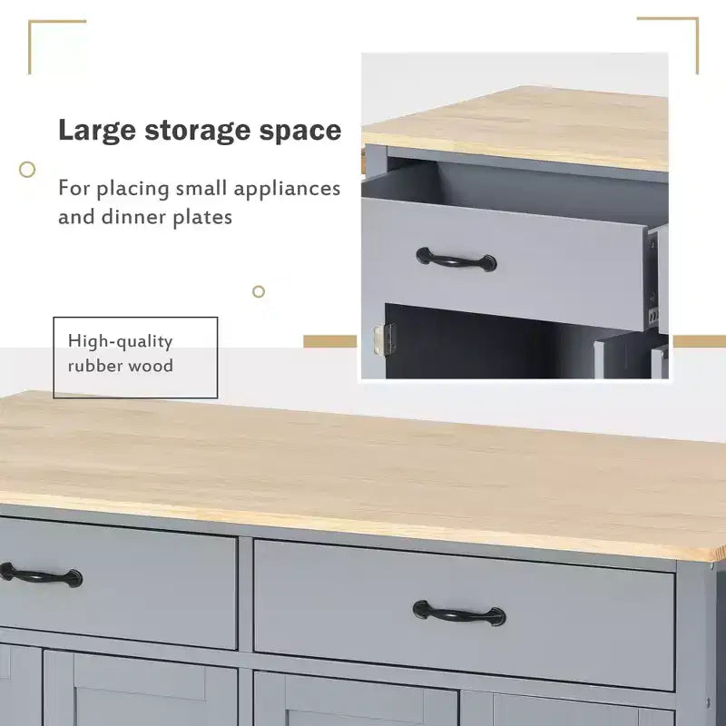 PexFix 54.3 Inch Kitchen Island Cart with Solid Wood Top and Locking Wheels 4 Door Cabinet and Two Drawers & Spice Rack & Towel Rack Blue
