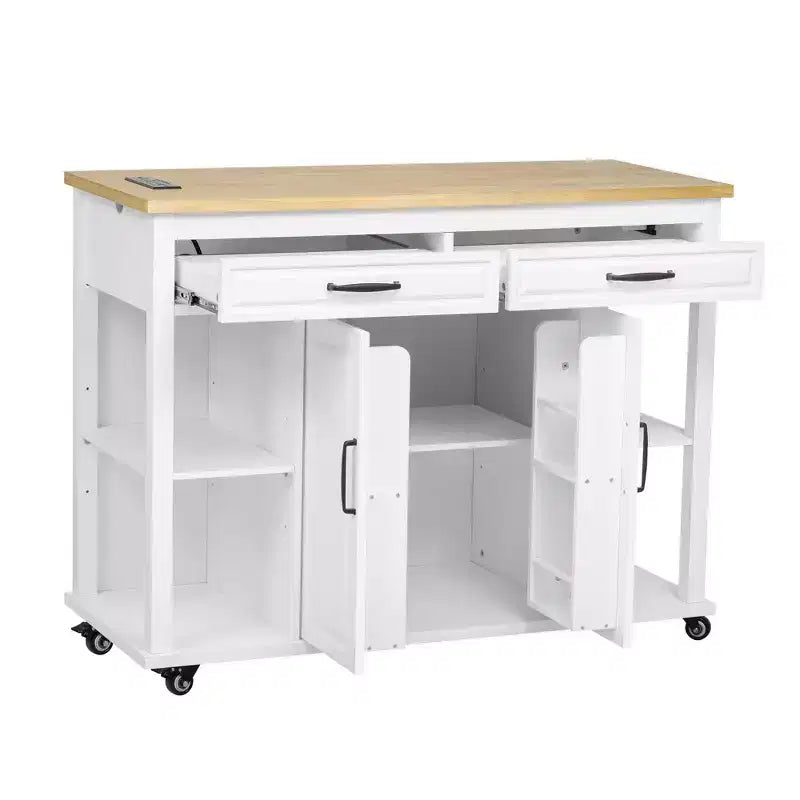 PexFix 47 Kitchen Island with Extendable Dining Table Rubber Wood Veneer Kitchen Table with Storage Rack & Power Outlet & 2 Drawers 2 Cabinet White