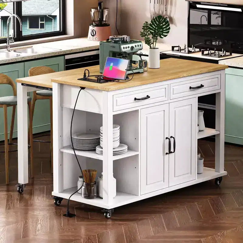 PexFix 47 Kitchen Island with Extendable Dining Table Rubber Wood Veneer Kitchen Table with Storage Rack & Power Outlet & 2 Drawers 2 Cabinet White