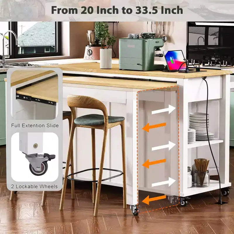 PexFix 47 Kitchen Island with Extendable Dining Table Rubber Wood Veneer Kitchen Table with Storage Rack & Power Outlet & 2 Drawers 2 Cabinet White