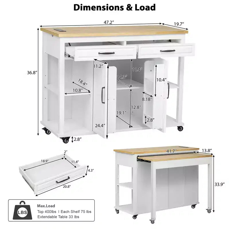 PexFix 47 Kitchen Island with Extendable Dining Table Rubber Wood Veneer Kitchen Table with Storage Rack & Power Outlet & 2 Drawers 2 Cabinet White