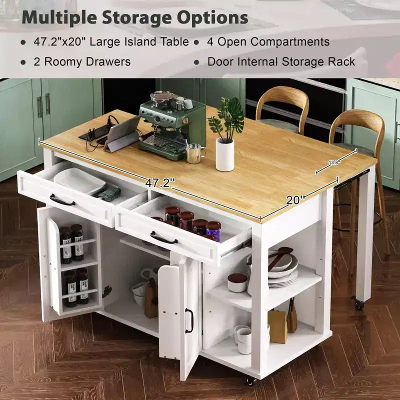 PexFix 47 Kitchen Island with Extendable Dining Table Rubber Wood Veneer Kitchen Table with Storage Rack & Power Outlet & 2 Drawers 2 Cabinet White