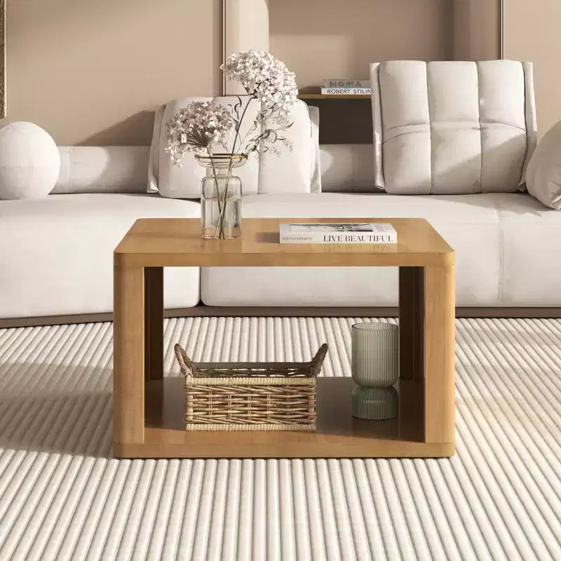 Wood Square Coffee Table with Storage, 2 Tier Center Table, End Table with Half Open Storage Compartment for Living Room