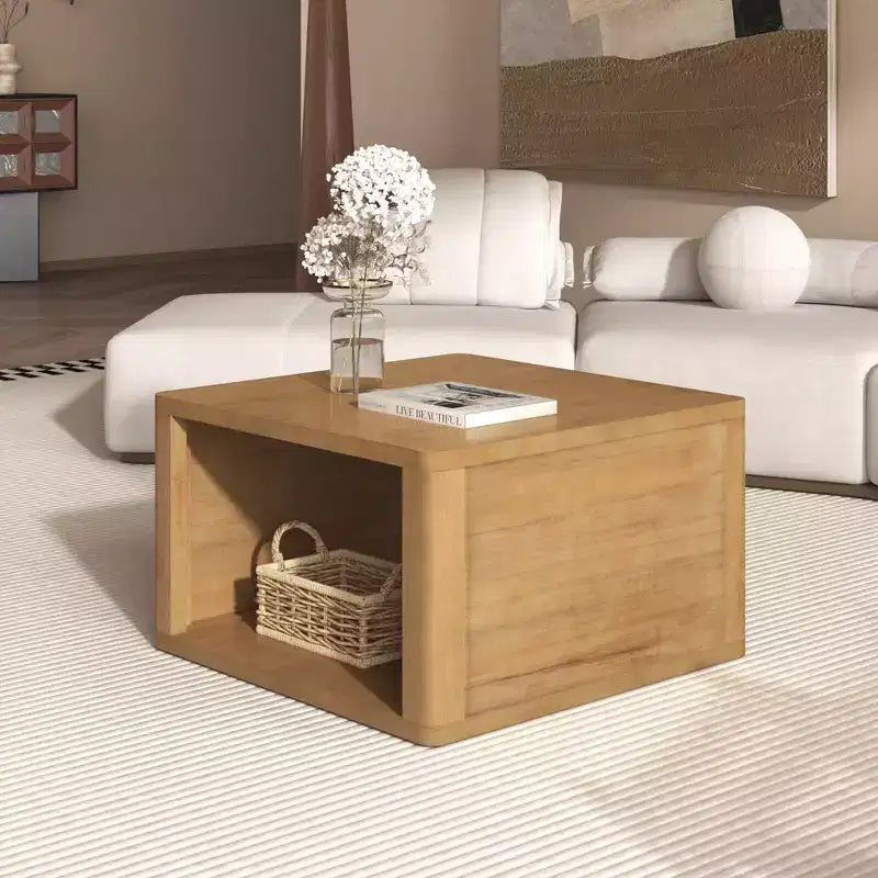 Wood Square Coffee Table with Storage, 2 Tier Center Table, End Table with Half Open Storage Compartment for Living Room