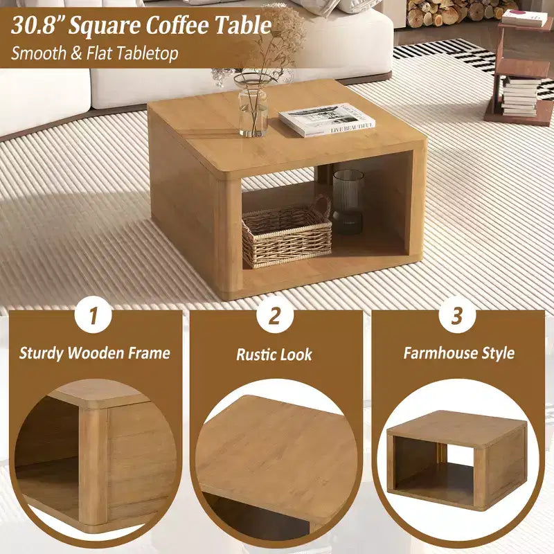 Wood Square Coffee Table with Storage, 2 Tier Center Table, End Table with Half Open Storage Compartment for Living Room