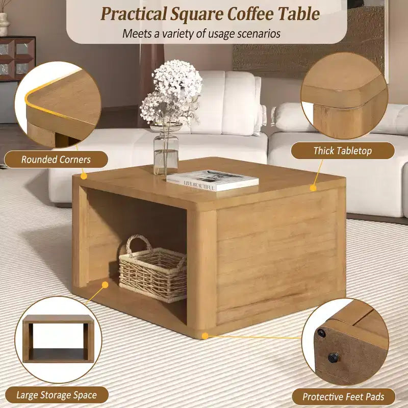 Wood Square Coffee Table with Storage, 2 Tier Center Table, End Table with Half Open Storage Compartment for Living Room
