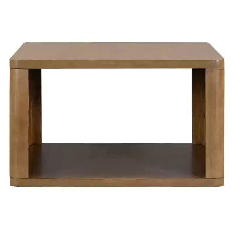 Wood Square Coffee Table with Storage, 2 Tier Center Table, End Table with Half Open Storage Compartment for Living Room