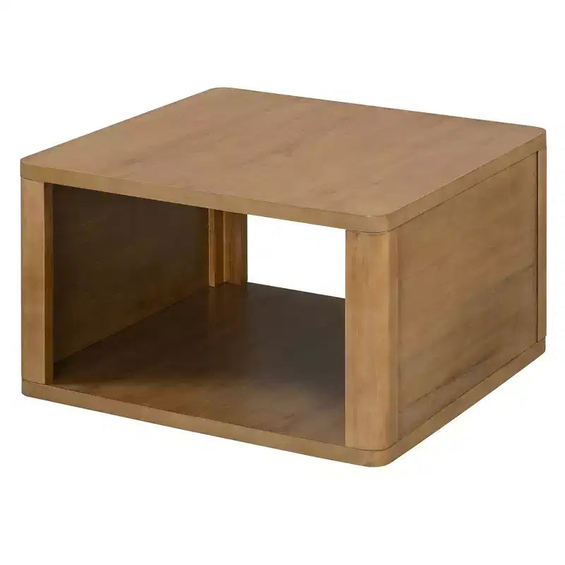 Wood Square Coffee Table with Storage, 2 Tier Center Table, End Table with Half Open Storage Compartment for Living Room