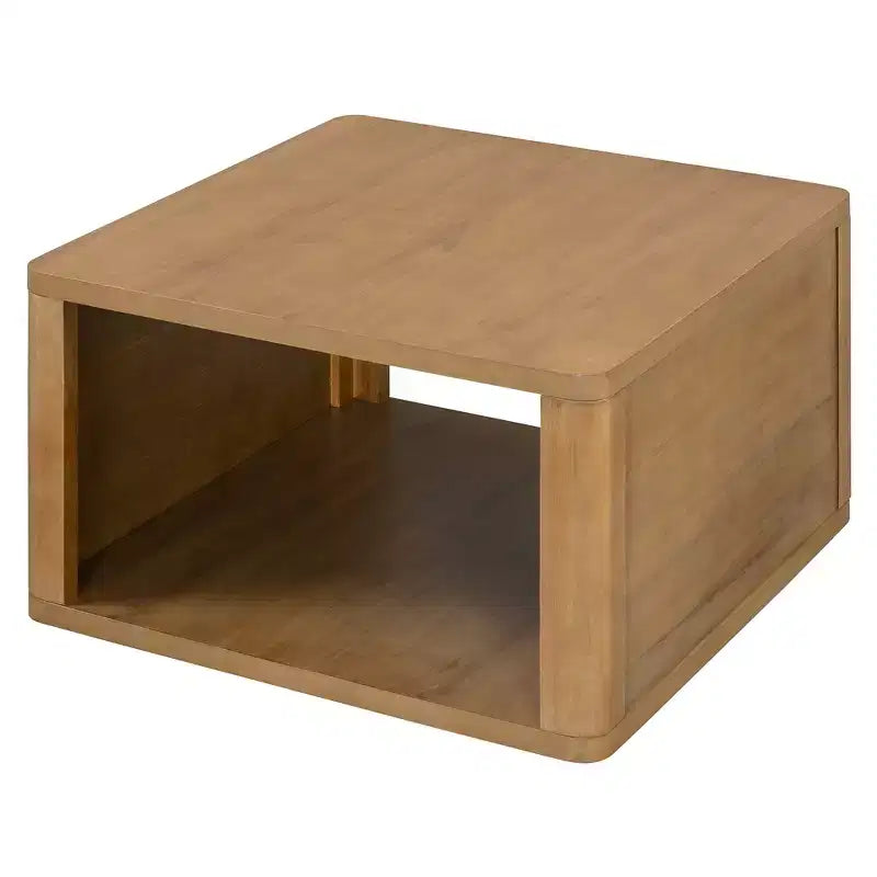 Wood Square Coffee Table with Storage, 2 Tier Center Table, End Table with Half Open Storage Compartment for Living Room
