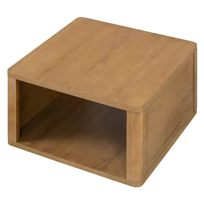 Wood Square Coffee Table with Storage, 2 Tier Center Table, End Table with Half Open Storage Compartment for Living Room