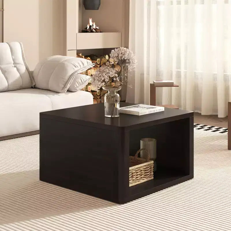 Wood Square Coffee Table with Storage, 2 Tier Center Table, End Table with Half Open Storage Compartment for Living Room