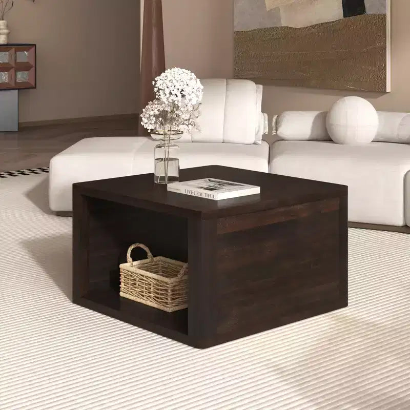 Wood Square Coffee Table with Storage, 2 Tier Center Table, End Table with Half Open Storage Compartment for Living Room