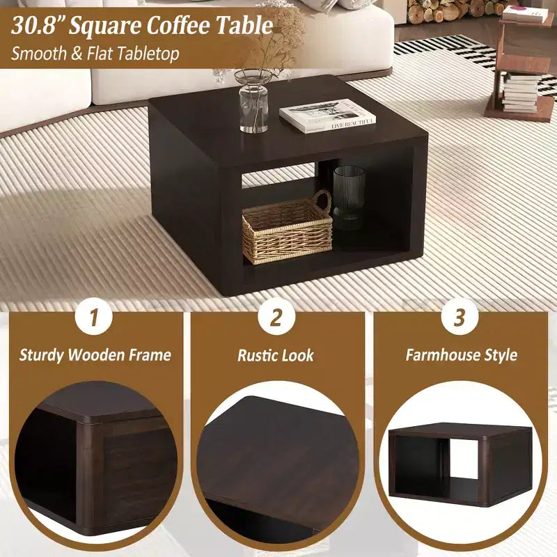 Wood Square Coffee Table with Storage, 2 Tier Center Table, End Table with Half Open Storage Compartment for Living Room