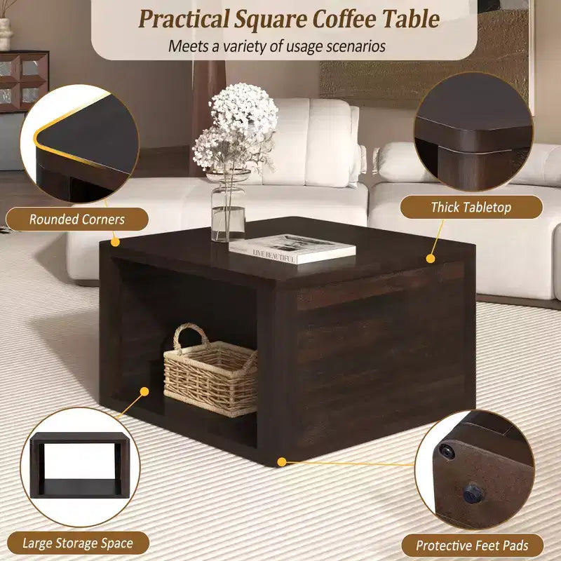 Wood Square Coffee Table with Storage, 2 Tier Center Table, End Table with Half Open Storage Compartment for Living Room