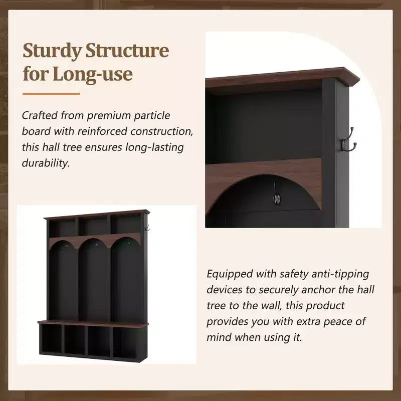 Okak Farmhouse Hall Tree with Arched Design, Freestanding Coat Rack with Storage Bench and 5 Hooks, Coat Tree for Living Room, Bedroom, Black