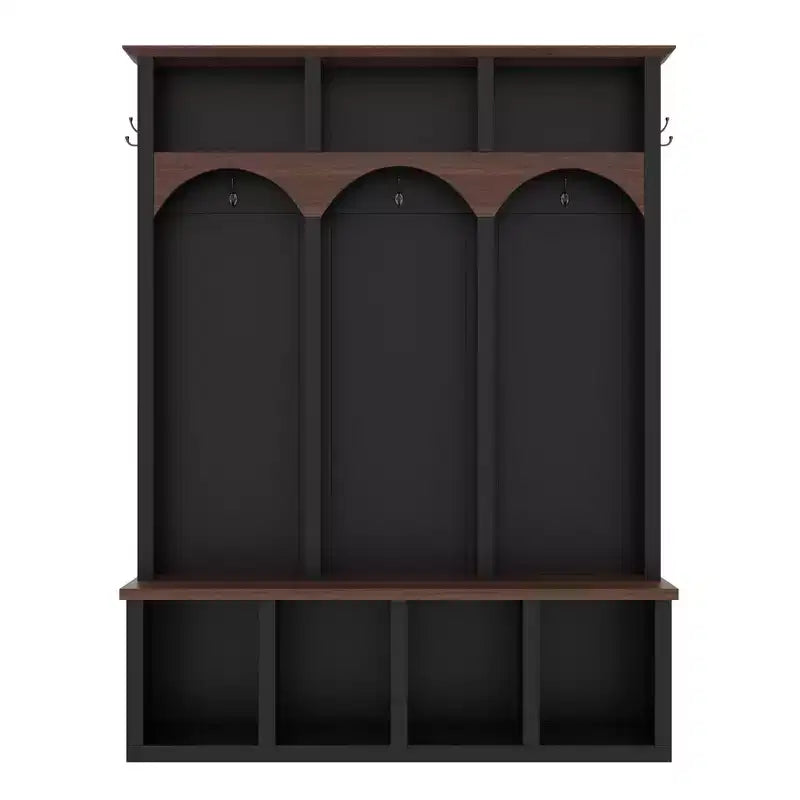 Okak Farmhouse Hall Tree with Arched Design, Freestanding Coat Rack with Storage Bench and 5 Hooks, Coat Tree for Living Room, Bedroom, Black
