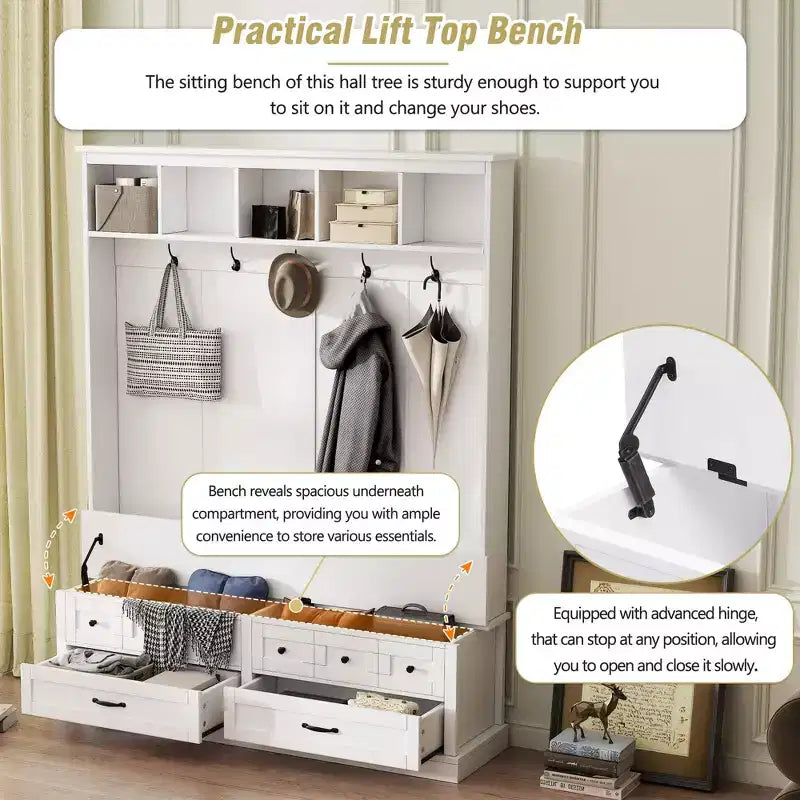 Okak Elegant Hall Tree with 5 Hooks, Wide Coat Rack with Lift-Top Storage Bench and 2 Drawers, Coat Tree for Living Room, Hallway, White
