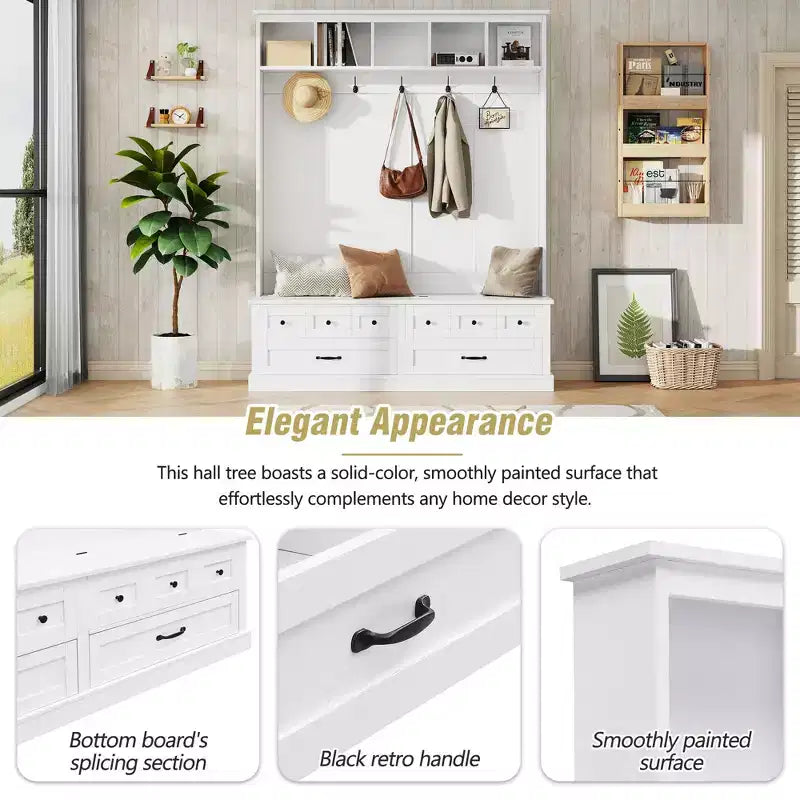 Okak Elegant Hall Tree with 5 Hooks, Wide Coat Rack with Lift-Top Storage Bench and 2 Drawers, Coat Tree for Living Room, Hallway, White
