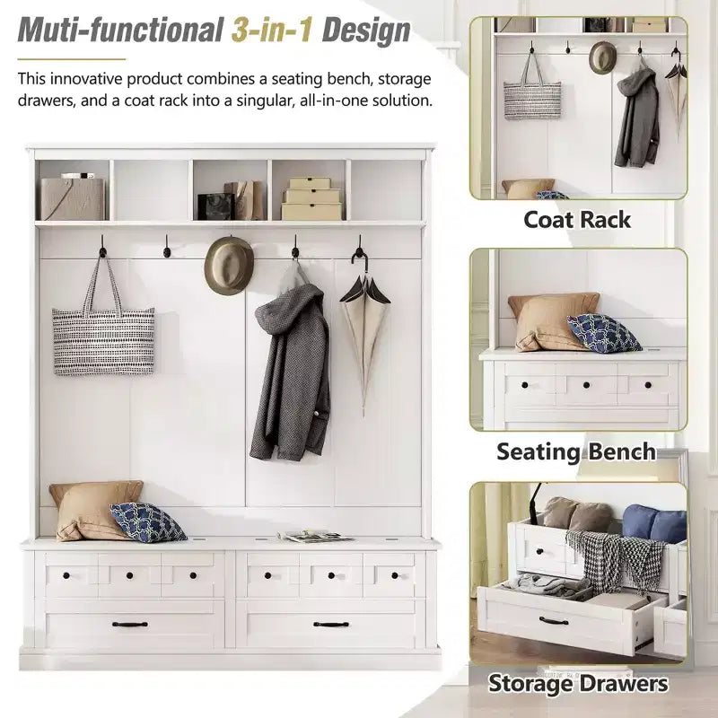 Okak Elegant Hall Tree with 5 Hooks, Wide Coat Rack with Lift-Top Storage Bench and 2 Drawers, Coat Tree for Living Room, Hallway, White