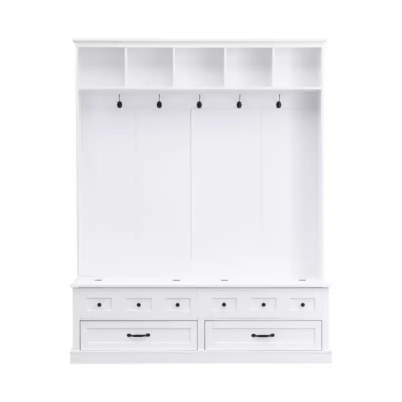Okak Elegant Hall Tree with 5 Hooks, Wide Coat Rack with Lift-Top Storage Bench and 2 Drawers, Coat Tree for Living Room, Hallway, White