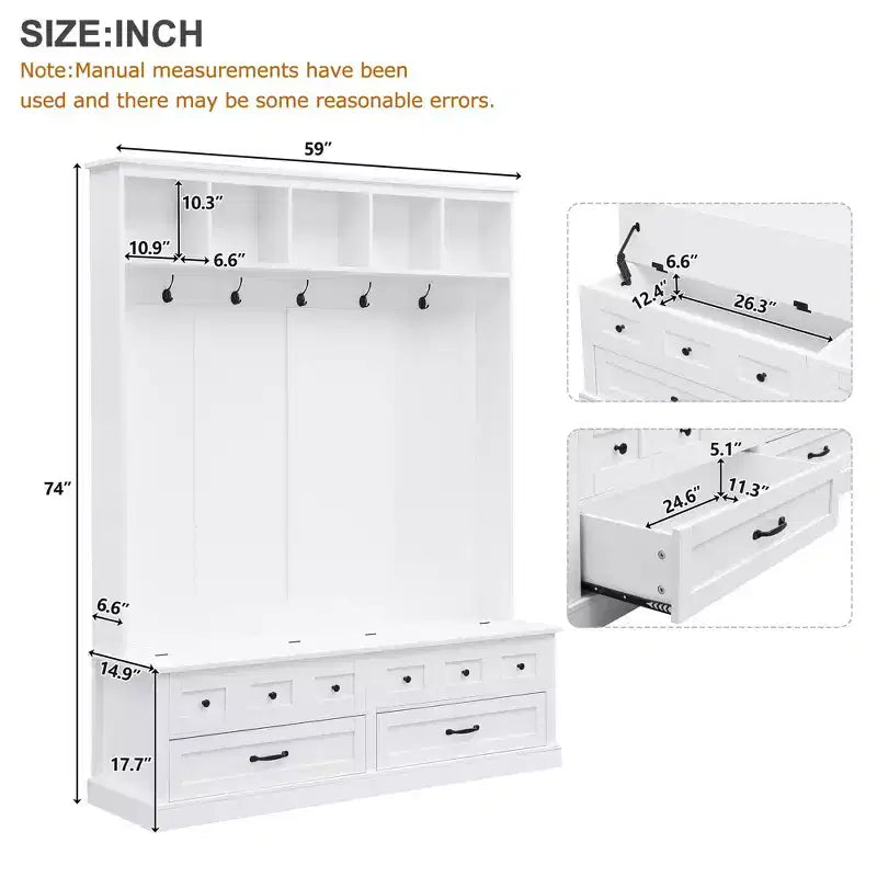 Okak Elegant Hall Tree with 5 Hooks, Wide Coat Rack with Lift-Top Storage Bench and 2 Drawers, Coat Tree for Living Room, Hallway, White