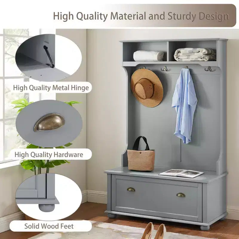 Okak Modern Hall Tree with 4 Hooks, Freestanding Coat Rack with 1 Large Drawer and 2 Shelves, Entryway Storage for Living Room, Hallway, Gray