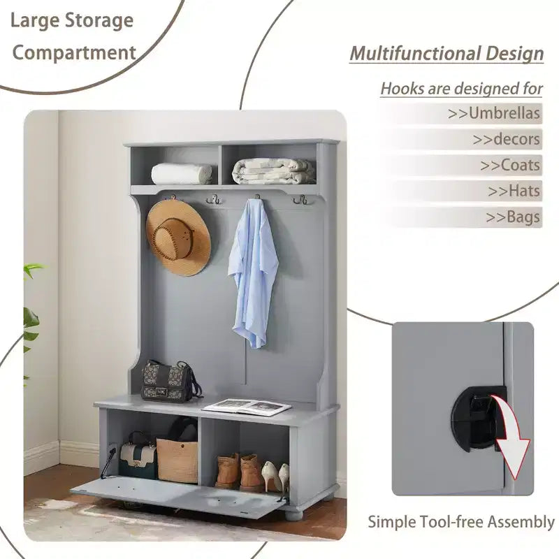 Okak Modern Hall Tree with 4 Hooks, Freestanding Coat Rack with 1 Large Drawer and 2 Shelves, Entryway Storage for Living Room, Hallway, Gray