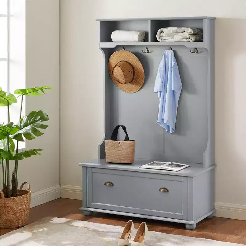 Okak Modern Hall Tree with 4 Hooks, Freestanding Coat Rack with 1 Large Drawer and 2 Shelves, Entryway Storage for Living Room, Hallway, Gray