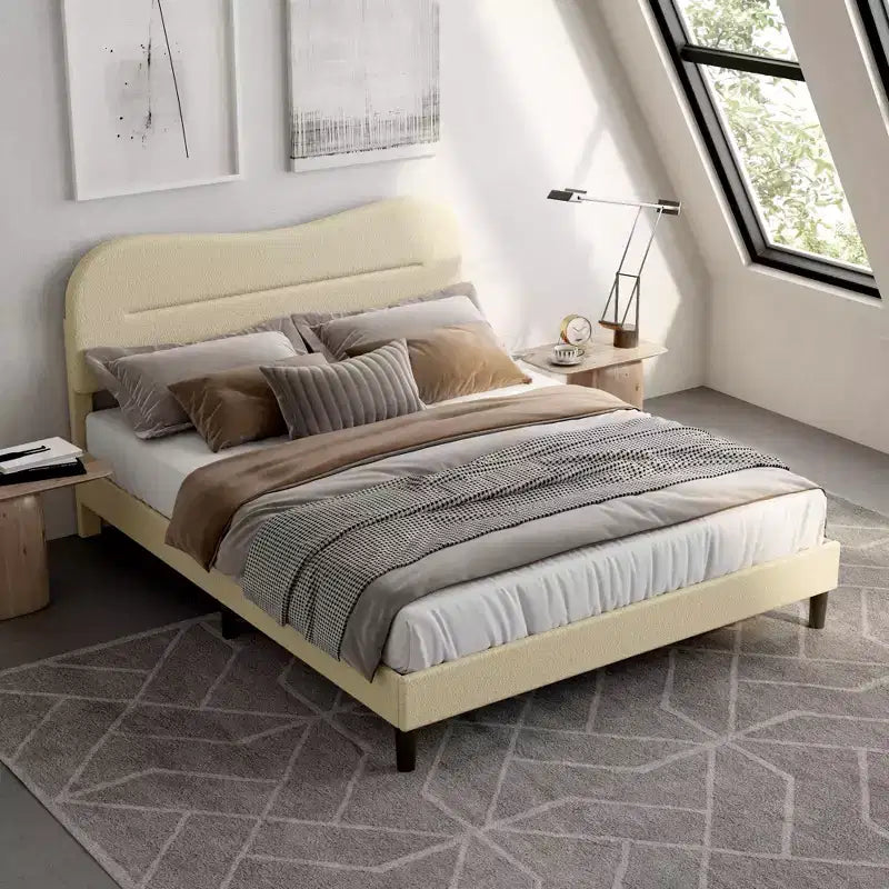 Queen Size Bed Frame with Headboard Beige Teddy Boucle Fabric Upholstered Platform Bed Soft Cloud Marshmallow Design No Box Spring Needed Wood Slats