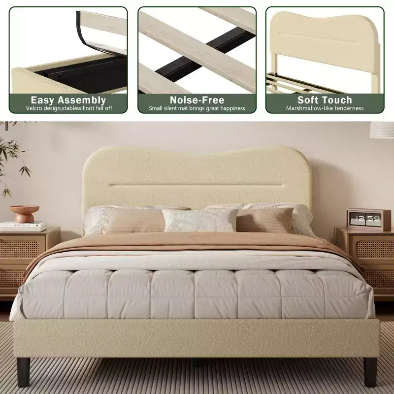 Queen Size Bed Frame with Headboard Beige Teddy Boucle Fabric Upholstered Platform Bed Soft Cloud Marshmallow Design No Box Spring Needed Wood Slats