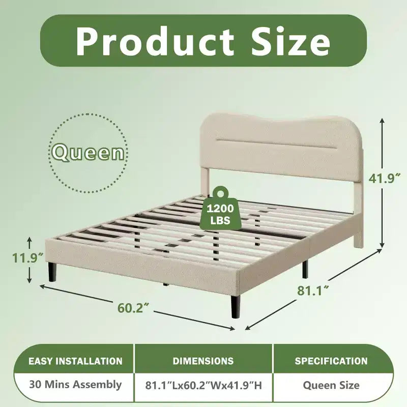 Queen Size Bed Frame with Headboard Beige Teddy Boucle Fabric Upholstered Platform Bed Soft Cloud Marshmallow Design No Box Spring Needed Wood Slats