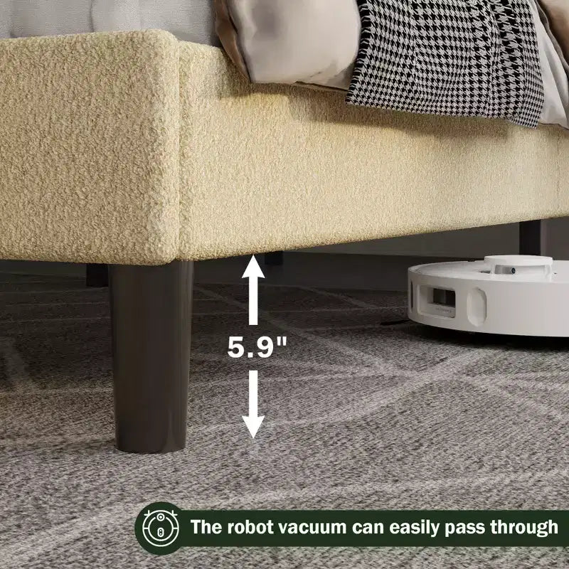 Queen Size Bed Frame with Headboard Beige Teddy Boucle Fabric Upholstered Platform Bed Soft Cloud Marshmallow Design No Box Spring Needed Wood Slats