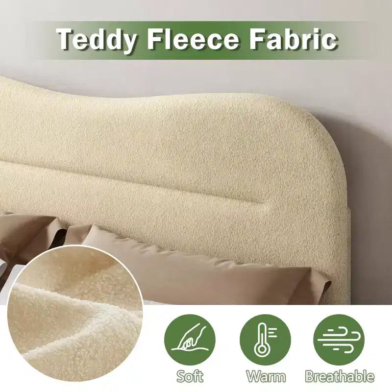 Queen Size Bed Frame with Headboard Beige Teddy Boucle Fabric Upholstered Platform Bed Soft Cloud Marshmallow Design No Box Spring Needed Wood Slats
