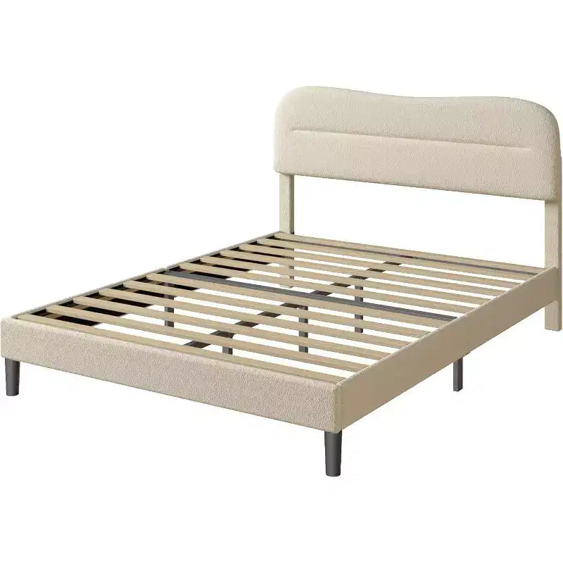 Queen Size Bed Frame with Headboard Beige Teddy Boucle Fabric Upholstered Platform Bed Soft Cloud Marshmallow Design No Box Spring Needed Wood Slats