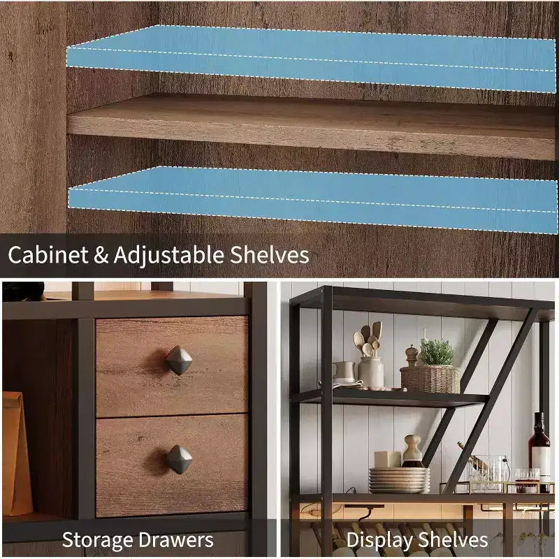 71.2in Tall Coffee Bar Station with Power Outlet, LED Light and Glass Holder, Wine Liquor Cabinet for Living Room, Microwave Stand Bakers Rack