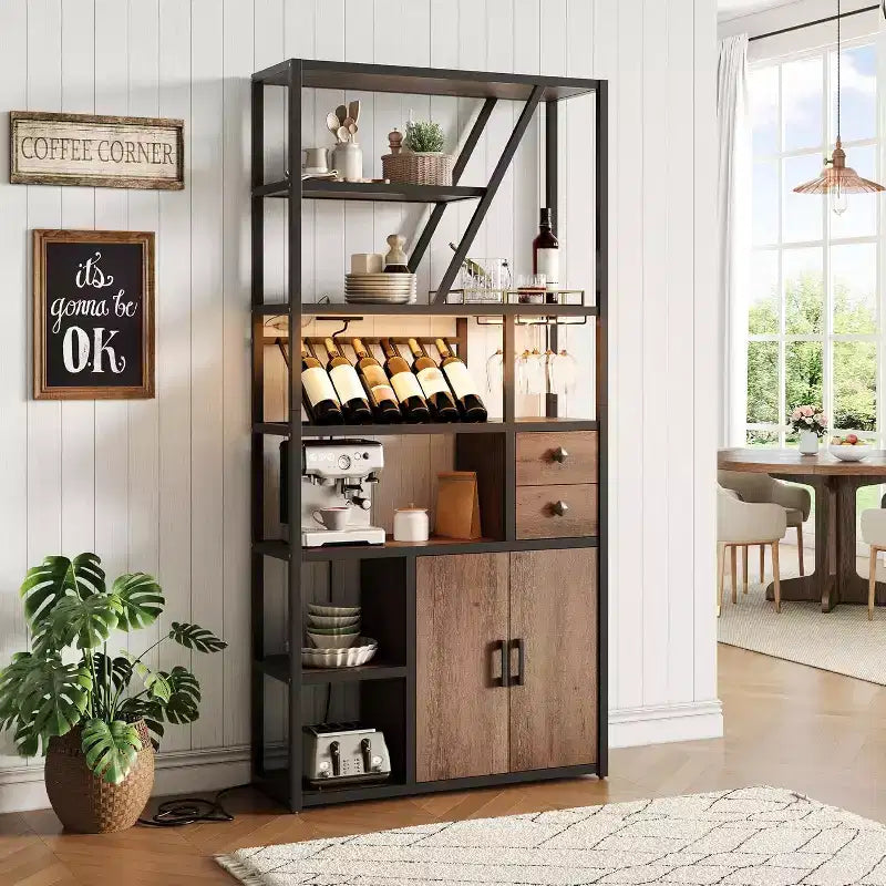 71.2in Tall Coffee Bar Station with Power Outlet, LED Light and Glass Holder, Wine Liquor Cabinet for Living Room, Microwave Stand Bakers Rack