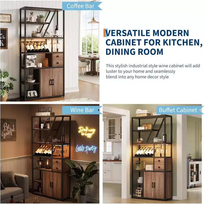 71.2in Tall Coffee Bar Station with Power Outlet, LED Light and Glass Holder, Wine Liquor Cabinet for Living Room, Microwave Stand Bakers Rack