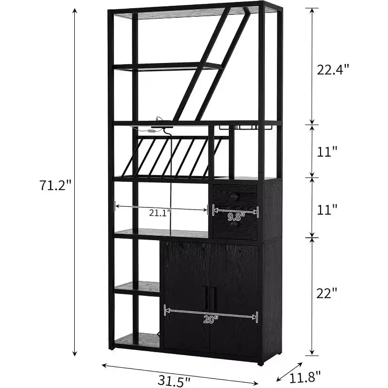 71.2in Tall Coffee Bar Station with Power Outlet, LED Light and Glass Holder, Wine Liquor Cabinet for Living Room, Microwave Stand Bakers Rack