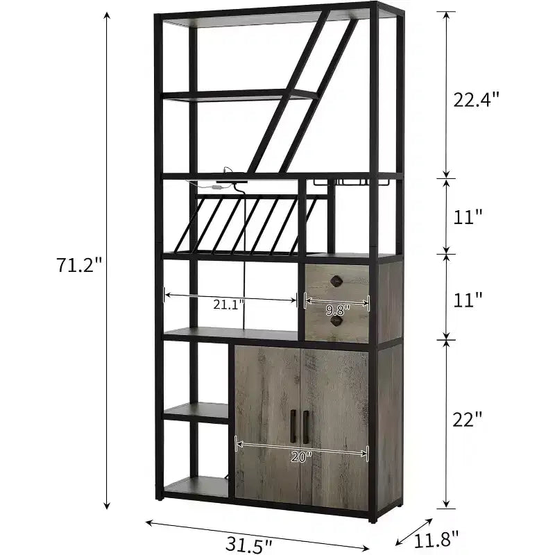 71.2in Tall Coffee Bar Station with Power Outlet, LED Light and Glass Holder, Wine Liquor Cabinet for Living Room, Microwave Stand Bakers Rack