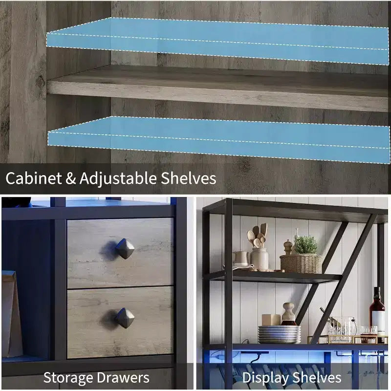 71.2in Tall Coffee Bar Station with Power Outlet, LED Light and Glass Holder, Wine Liquor Cabinet for Living Room, Microwave Stand Bakers Rack