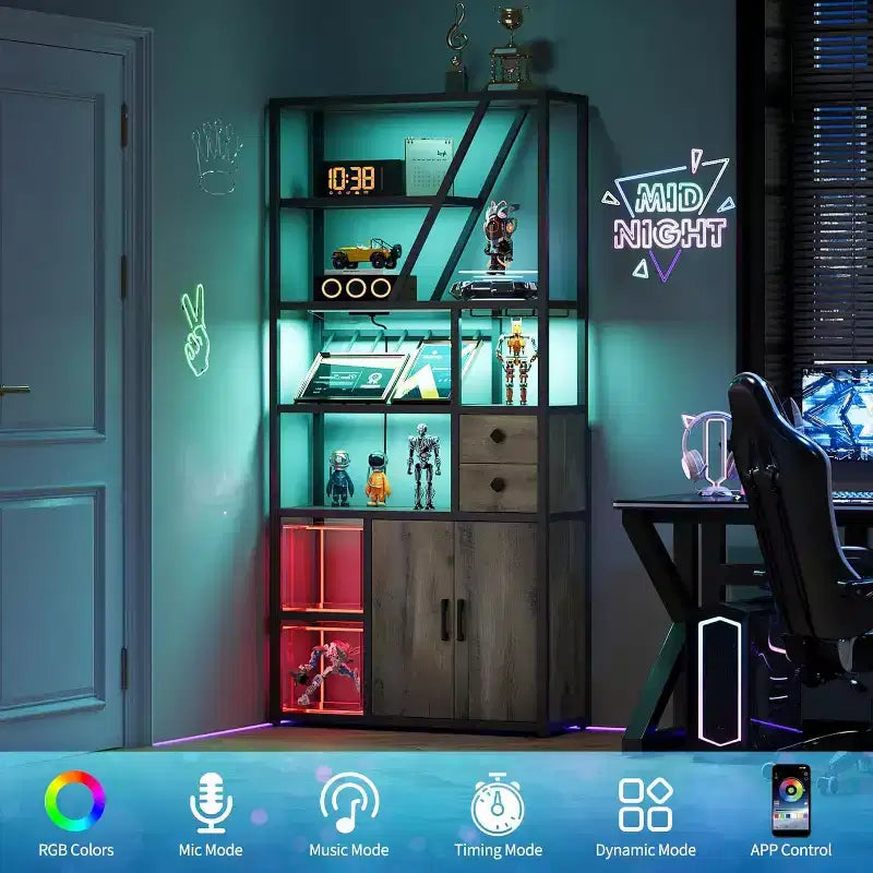 71.2in Tall Coffee Bar Station with Power Outlet, LED Light and Glass Holder, Wine Liquor Cabinet for Living Room, Microwave Stand Bakers Rack