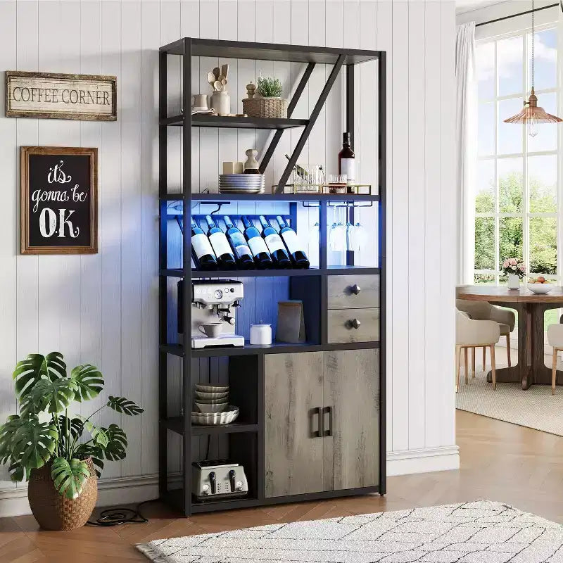 71.2in Tall Coffee Bar Station with Power Outlet, LED Light and Glass Holder, Wine Liquor Cabinet for Living Room, Microwave Stand Bakers Rack