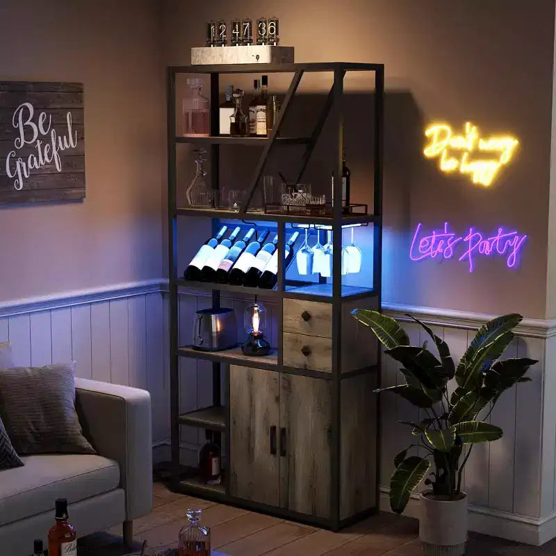 71.2in Tall Coffee Bar Station with Power Outlet, LED Light and Glass Holder, Wine Liquor Cabinet for Living Room, Microwave Stand Bakers Rack