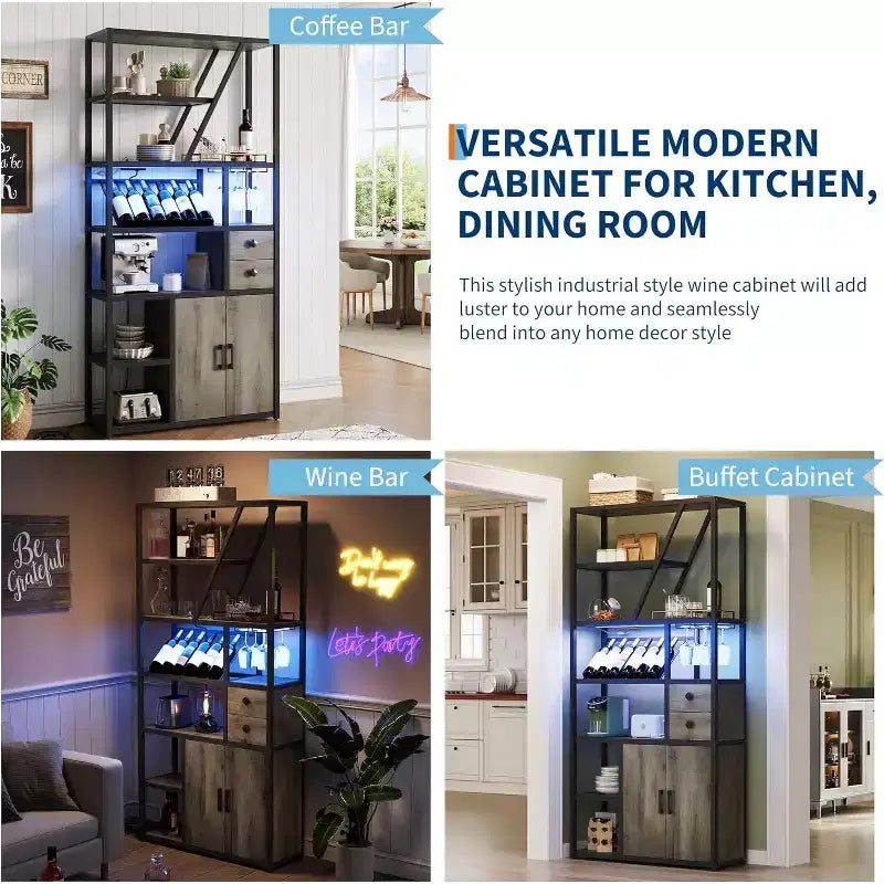 71.2in Tall Coffee Bar Station with Power Outlet, LED Light and Glass Holder, Wine Liquor Cabinet for Living Room, Microwave Stand Bakers Rack