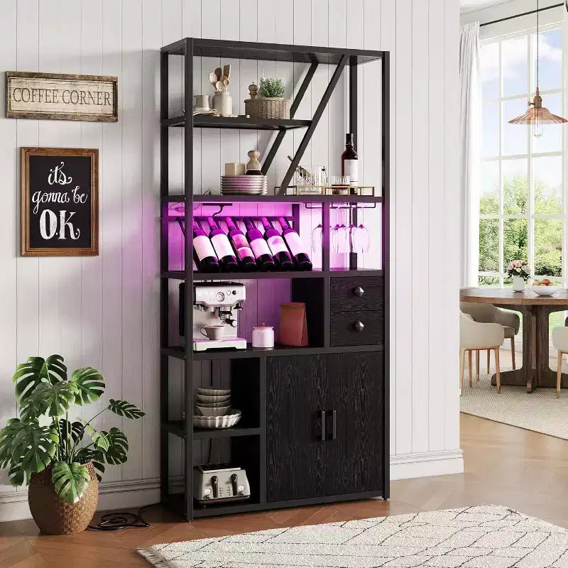 71.2in Tall Coffee Bar Station with Power Outlet, LED Light and Glass Holder, Wine Liquor Cabinet for Living Room, Microwave Stand Bakers Rack